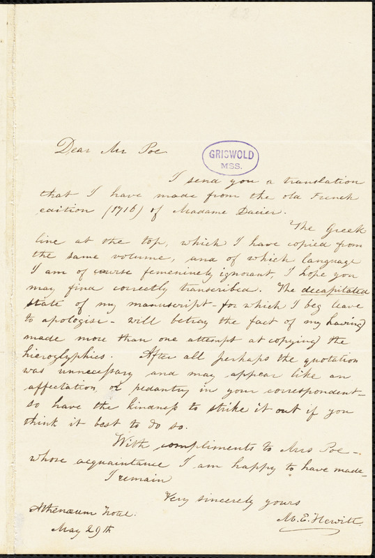 Mary Elizabeth (Moore) Hewitt Stebbins, Athenaeum Hotel (NY), autograph letter signed to Edgar A. Poe, 29 May [1845?]