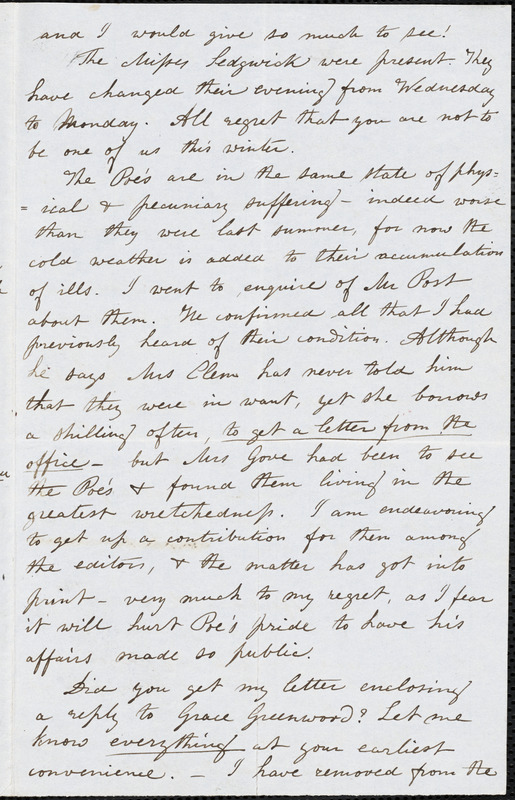 Mary Elizabeth (Moore) Hewitt Stebbins, New York, autograph letter signed to Mrs. Sarah Helen Whitman, 20 December 1846