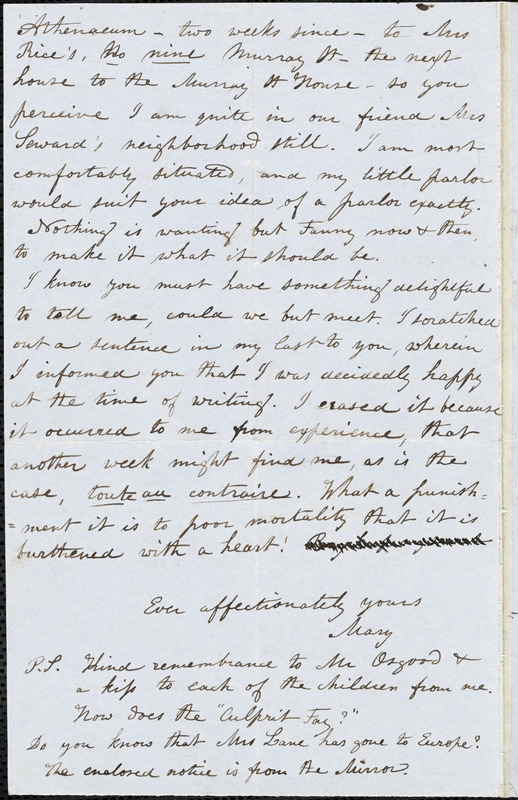 Mary Elizabeth (Moore) Hewitt Stebbins, New York, autograph letter signed to Mrs. Sarah Helen Whitman, 20 December 1846