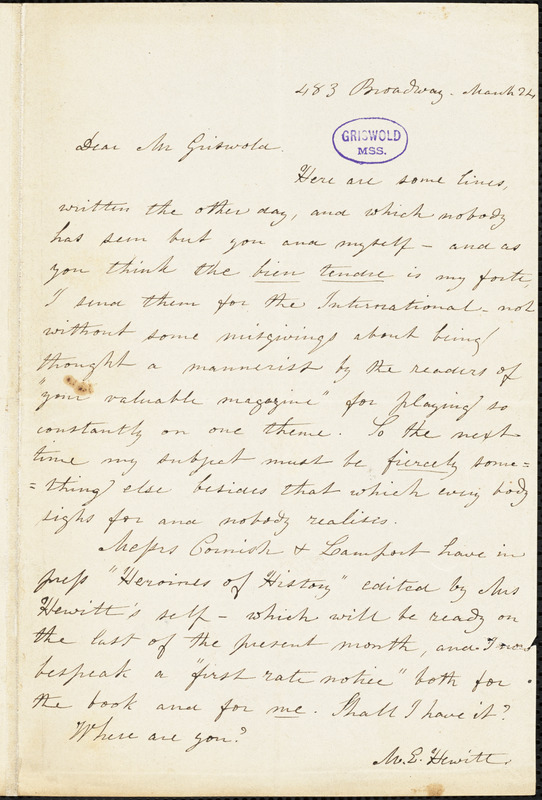 Mary Elizabeth (Moore) Hewitt Stebbins, 483 Broadway., autograph letter signed, 24 March [1856]