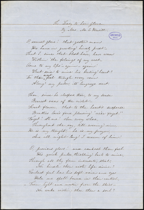 Mary Elizabeth (Moore) Hewitt Stebbins manuscript poem: "The Lady to her Glove."
