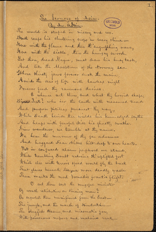 John Andrew Stein manuscript poem: "The Scourge of Asia."