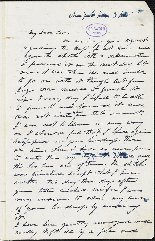 Ann Sophia (Winterbotham) Stephens, New York, autograph letter signed to George R. Graham, 3 June 1842