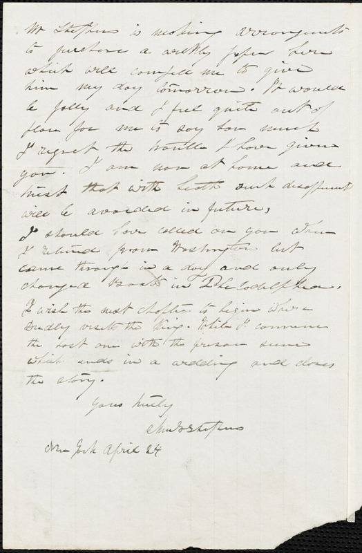 Ann Sophia (Winterbotham) Stephens, New York, autograph letter signed to George R. Graham, 24 April [184-?]