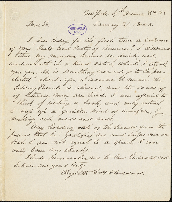 Elizabeth Drew (Barstow) Stoddard, New York, autograph letter signed to R. W. Griswold, 21 January 1856