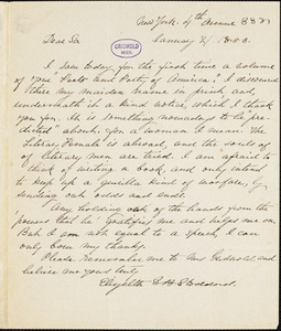 Elizabeth Drew (Barstow) Stoddard, New York, autograph letter signed to R. W. Griswold, 21 January 1856