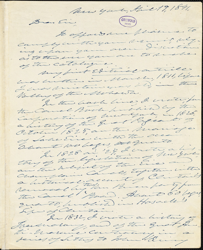 William Leete Stone, New York, autograph letter signed to R. W. Griswold, 19 April 1841