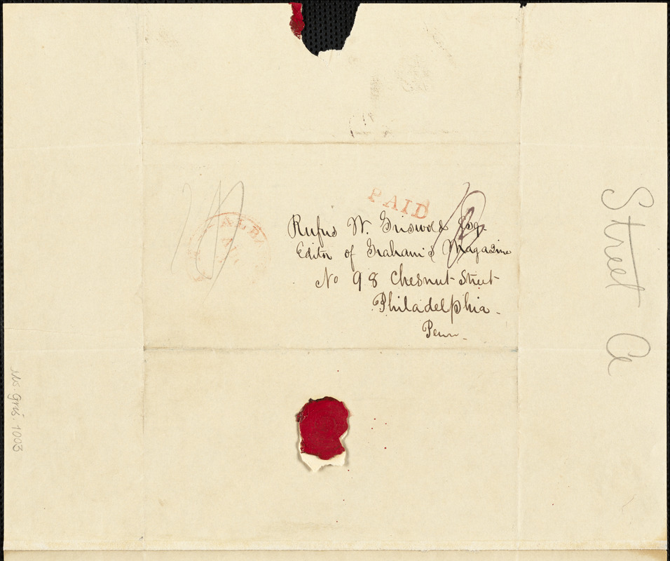 Alfred Billings Street, Albany, (NY), autograph letter signed to R. W. Griswold, 8 August 1842