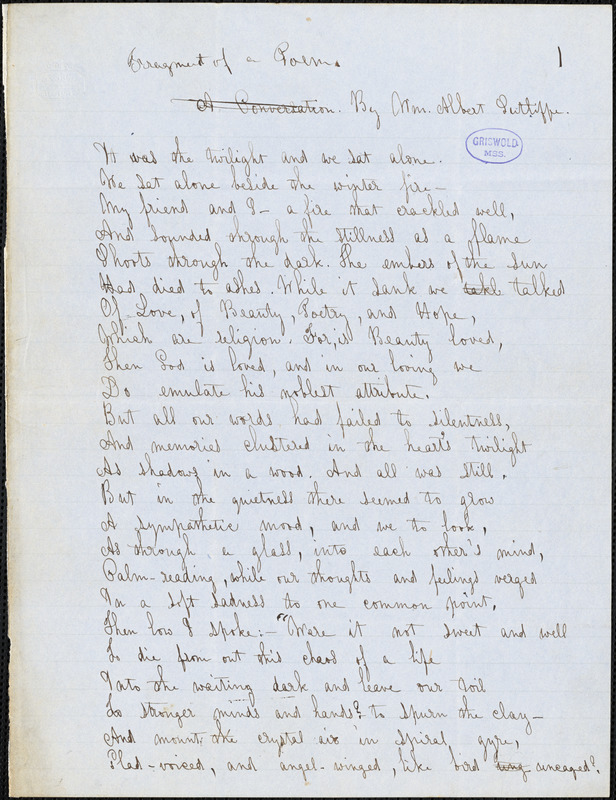 William Albert Sutliffe manuscript poem fragment