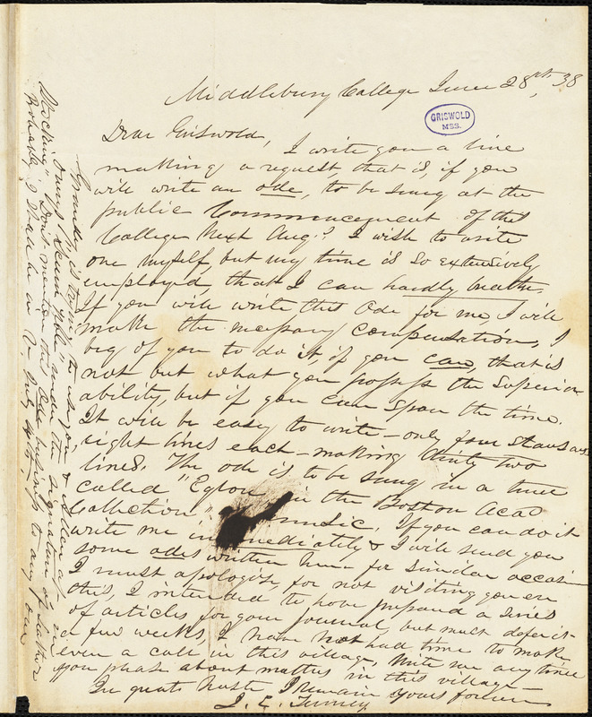 J. E. Tenney, Middlebury College, (VT), autograph letter signed to R. W. Griswold, 28 June 1838