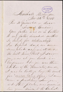 J. E. Tenney, Marshall, MI., autograph letter signed to R. W. Griswold, 26 November 1855