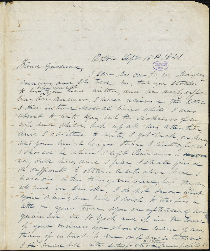 A. G. Tenney, Boston, MA., autograph letter signed to R. W. Griswold, 15 September 1841