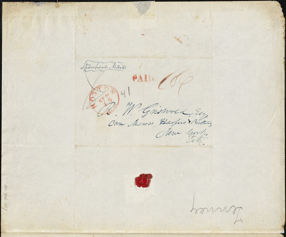 A. G. Tenney, Boston, MA., autograph letter signed to R. W. Griswold, 15 September 1841