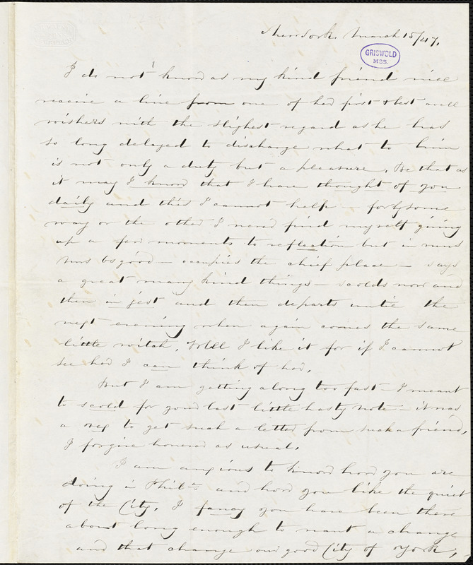 Edward J. Thomas, New York, autograph letter signed to Frances Sargent (Locke) Osgood, 15 March 1847