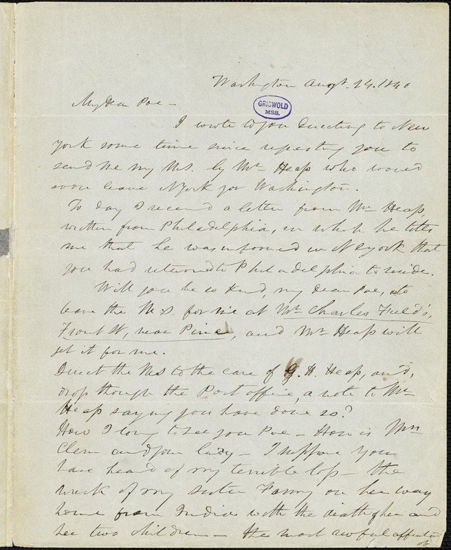 Frederick William Thomas, Washington, DC., autograph letter signed to Edgar Allan Poe, 24 August 1840