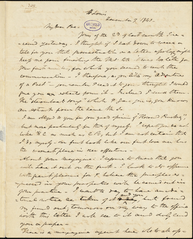 Frederick William Thomas, St. Louis, MO., autograph letter signed to Edgar Allan Poe, 7 December 1840