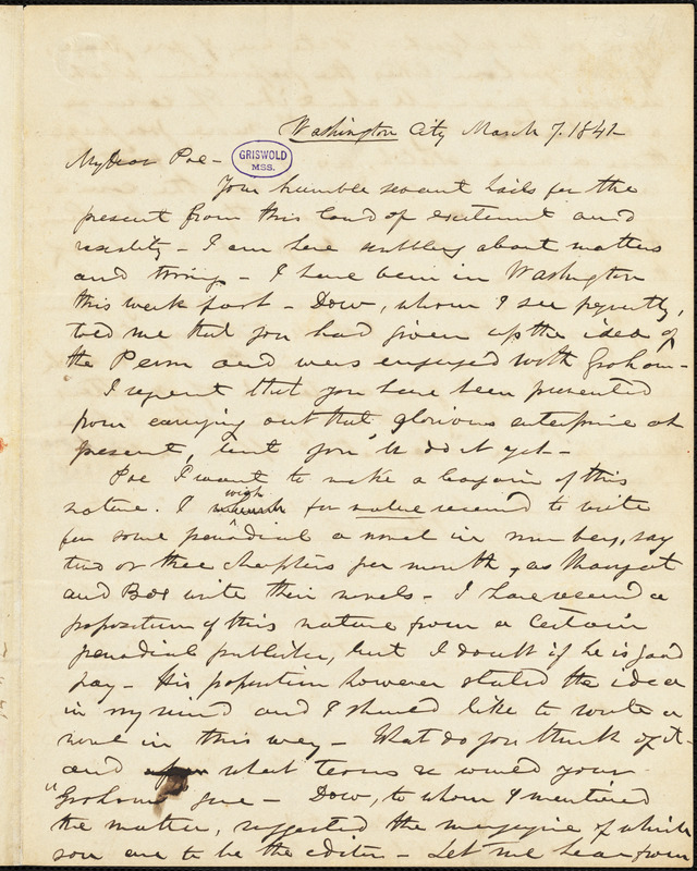 Frederick William Thomas, Washington City (DC), autograph letter signed to Edgar Allan Poe, 7 March 1841