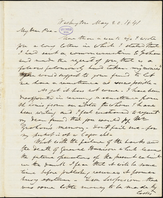 Frederick William Thomas, Washington, DC., autograph letter signed to Edgar Allan Poe, 20 May 1841