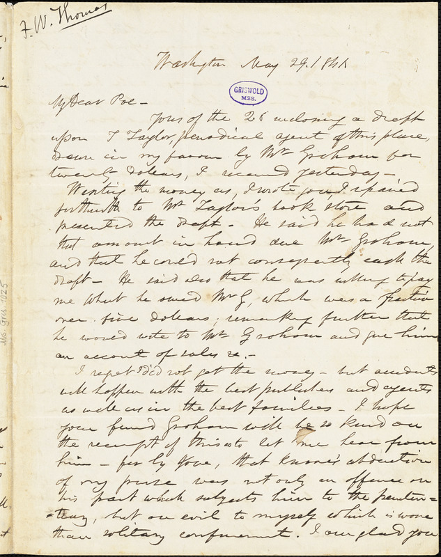 Frederick William Thomas, Washington, DC., autograph letter signed to Edgar Allan Poe, 29 May 1841