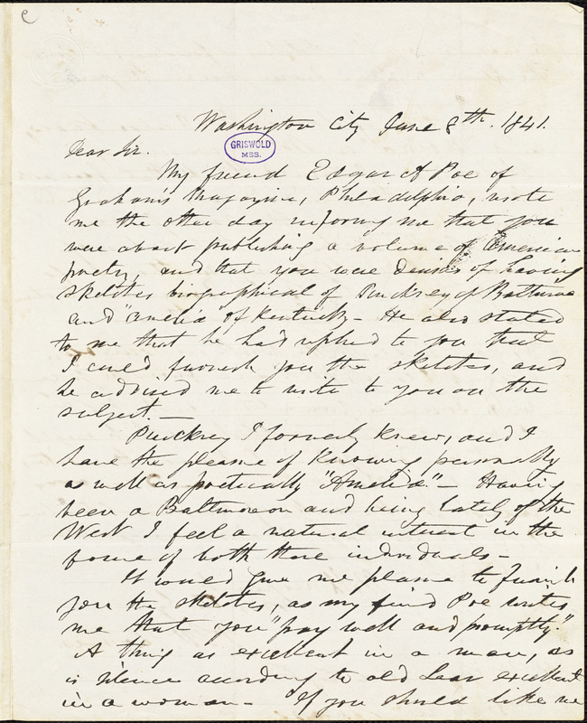 Frederick William Thomas, Washington, DC., autograph letter signed to R. W. Griswold, 8 June 1841