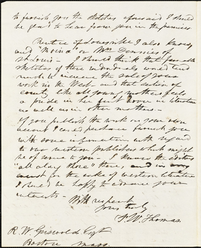Frederick William Thomas, Washington, DC., autograph letter signed to R. W. Griswold, 8 June 1841