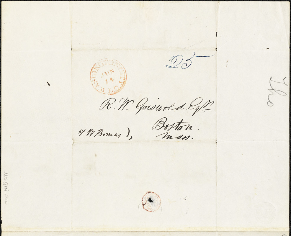 Frederick William Thomas, Washington, DC., autograph letter signed to R. W. Griswold, 8 June 1841