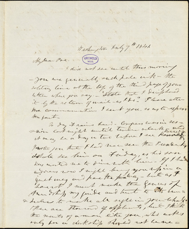 Frederick William Thomas, Washington, DC., autograph letter signed to Edgar Allan Poe, 7 July 1841