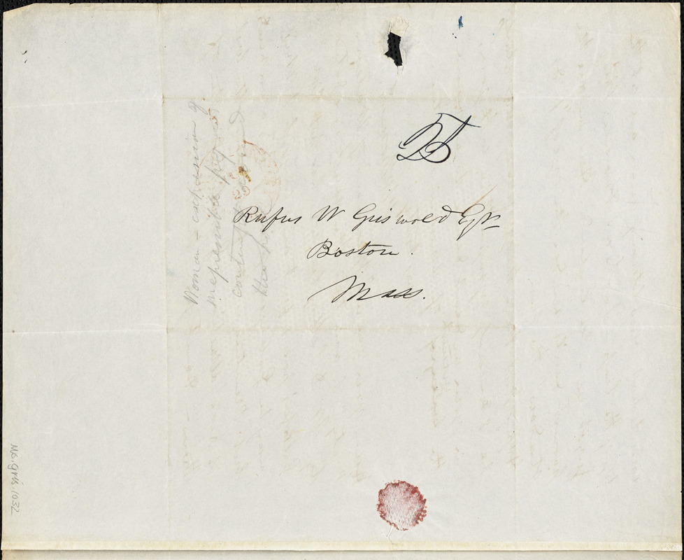 Frederick William Thomas, Washington, D.C., autograph letter signed to R. W. Griswold, 28 July 1841
