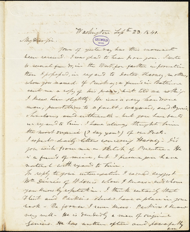 Frederick William Thomas, Washington, D.C., autograph letter signed to R. W. Griswold, 23 September 1841