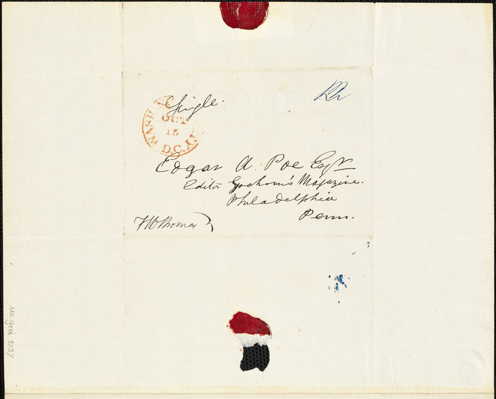 Frederick William Thomas, Washington, DC., autograph letter signed to Edgar Allan Poe, 14 October 1841