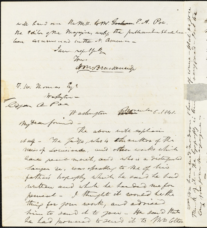 Frederick William Thomas, Washington, DC., autograph letter signed to Edgar Allan Poe, 6 November 1841