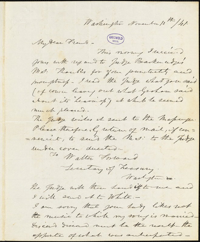 Frederick William Thomas, Washington, DC., autograph letter signed to Edgar Allan Poe, 10 November 1841