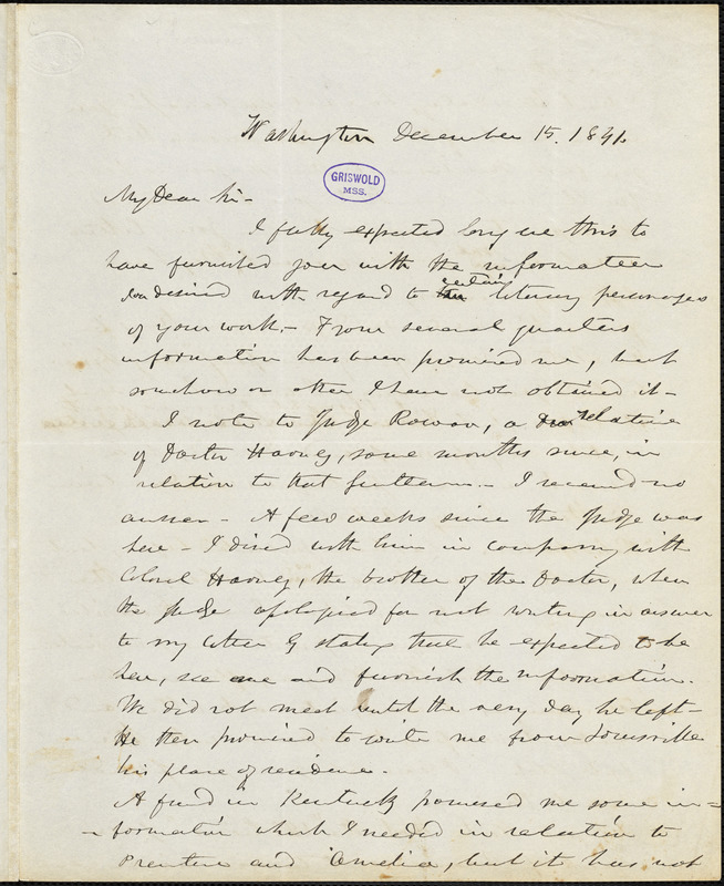Frederick William Thomas, Washington, DC., autograph letter signed to R. W. Griswold, 15 December 1841