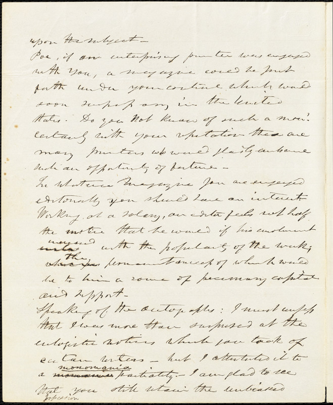 Frederick William Thomas, Washington, DC., autograph letter signed to Edgar Allan Poe, 26 February 1842