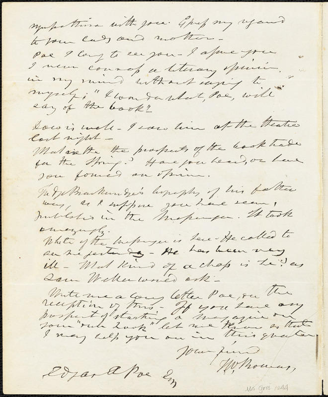 Frederick William Thomas, Washington, DC., autograph letter signed to Edgar Allan Poe, 26 February 1842