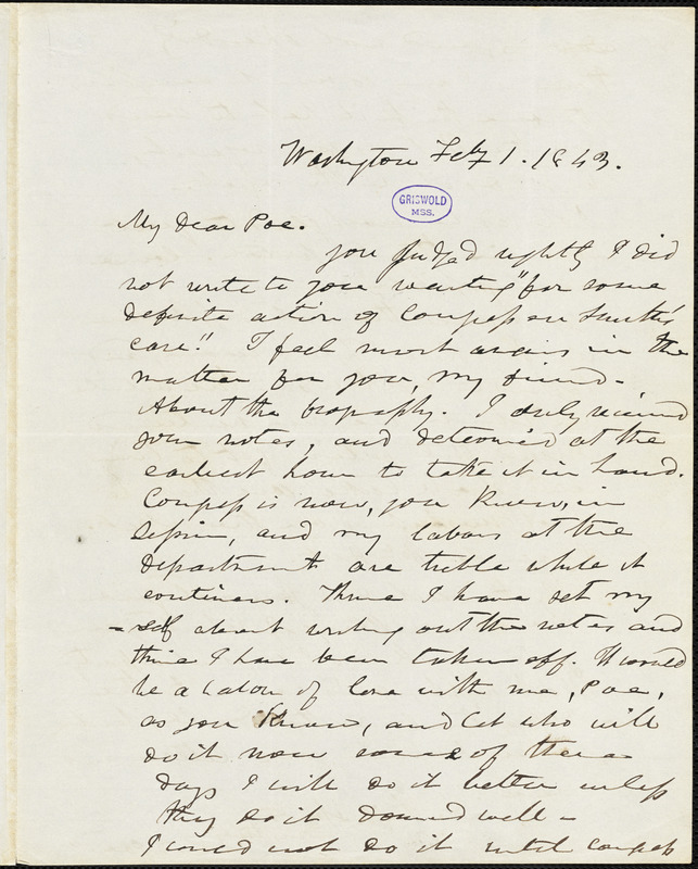 Frederick William Thomas, Washington, DC., autograph letter signed to Edgar Allan Poe, 21 May 1843