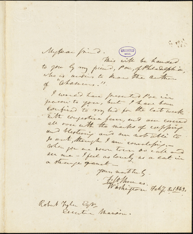Frederick William Thomas, Washington, DC., autograph letter signed to Robert Tyler, 1 February 1843