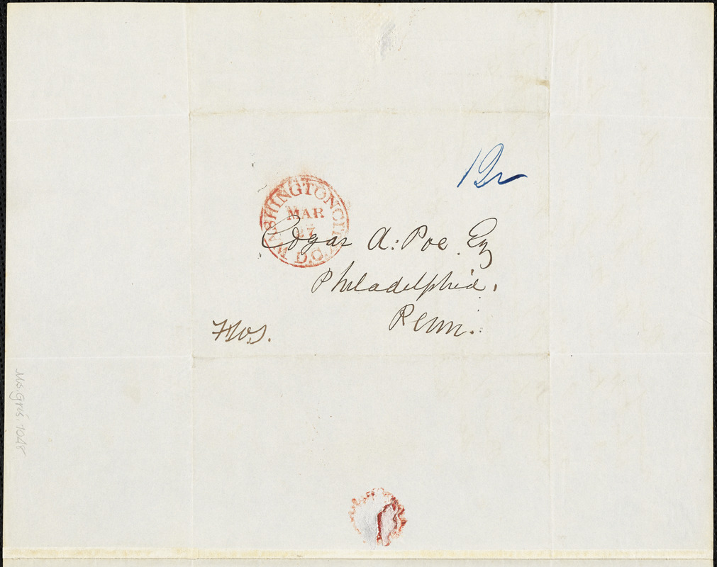Frederick William Thomas, Washington, DC., autograph letter signed to Edgar Allan Poe, 27 March 1843