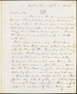 Frederick William Thomas, Washington, DC., autograph letter signed to Edgar Allan Poe, 2 September 1844