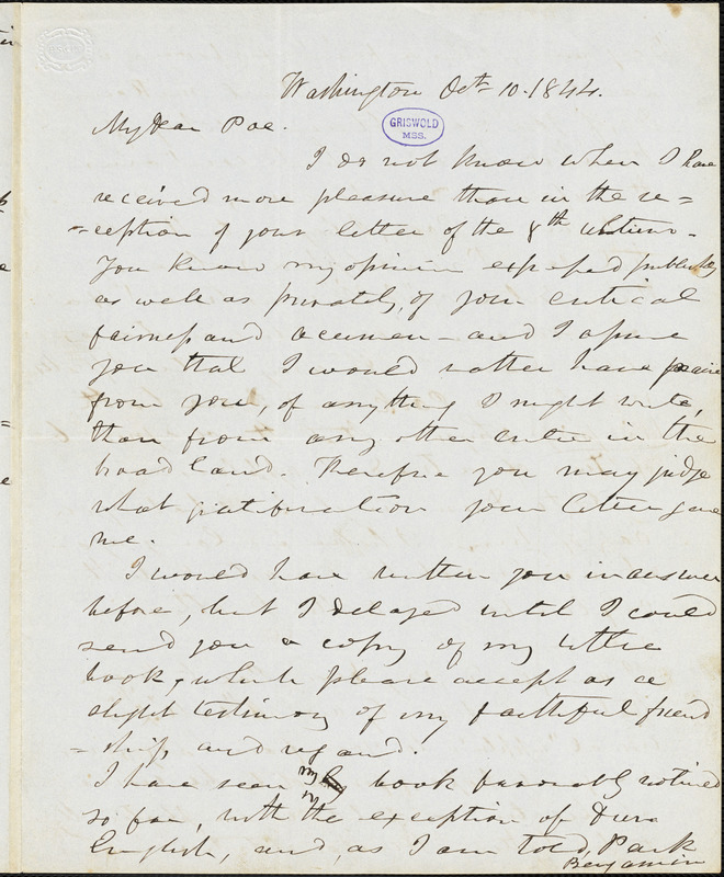 Frederick William Thomas, Washington, DC., autograph letter signed to Edgar Allan Poe, 10 October 1844