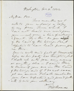 Frederick William Thomas, Washington, DC., autograph letter signed to Edgar Allan Poe, 10 December 1844