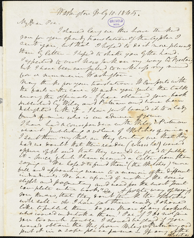 Frederick William Thomas, Washington, DC., autograph letter signed to Edgar Allan Poe, 10 July 1845