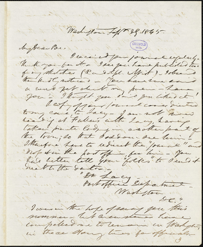 Frederick William Thomas, Washington, DC., autograph letter signed to Edgar Allan Poe, 29 September 1845