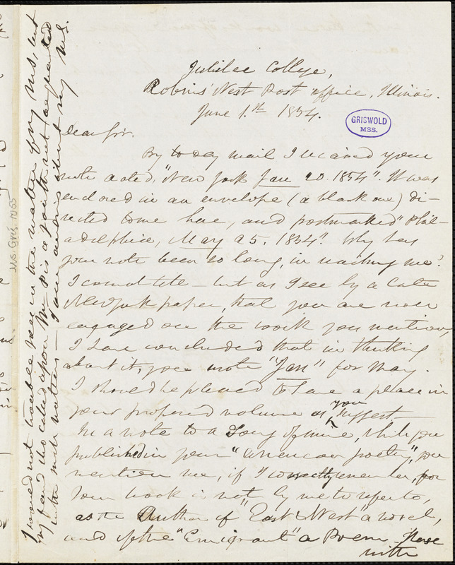 Frederick William Thomas, Jubilee College, Robin's Nest Post-office, IL., autograph letter signed to R. W. Griswold, 1 June 1854