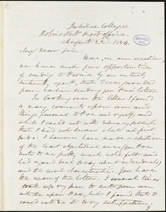 Frederick William Thomas, Jubilee College, Robin's Nest Post-office, IL., autograph letter signed to R. W. Griswold, 22 August 1854
