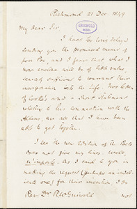 John Reuben Thompson, Richmond, VA., autograph letter signed to R. W. Griswold, 21 December 1849