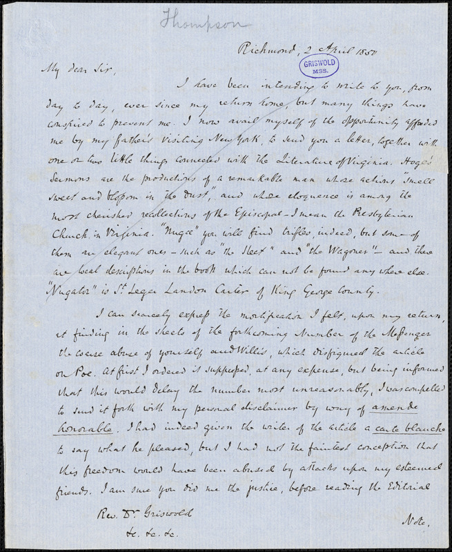 John Reuben Thompson, Richmond, VA., autograph letter signed to R. W. Griswold, 2 April 1850