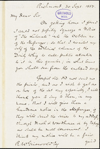 John Reuben Thompson, Richmond, VA., autograph letter signed to R. W. Griswold, 30 September 1850
