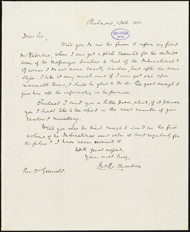 John Reuben Thompson, Richmond, VA., autograph letter signed to R. W. Griswold, 1 February 1851