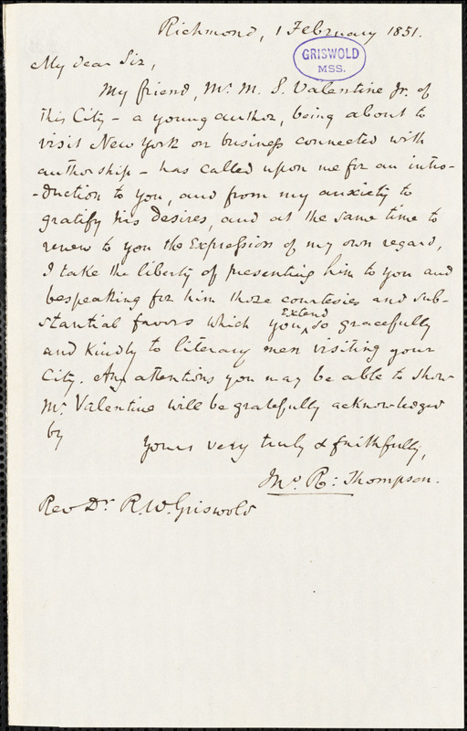 John Reuben Thompson, Richmond, VA., autograph letter signed to R. W. Griswold, 1 February 1851